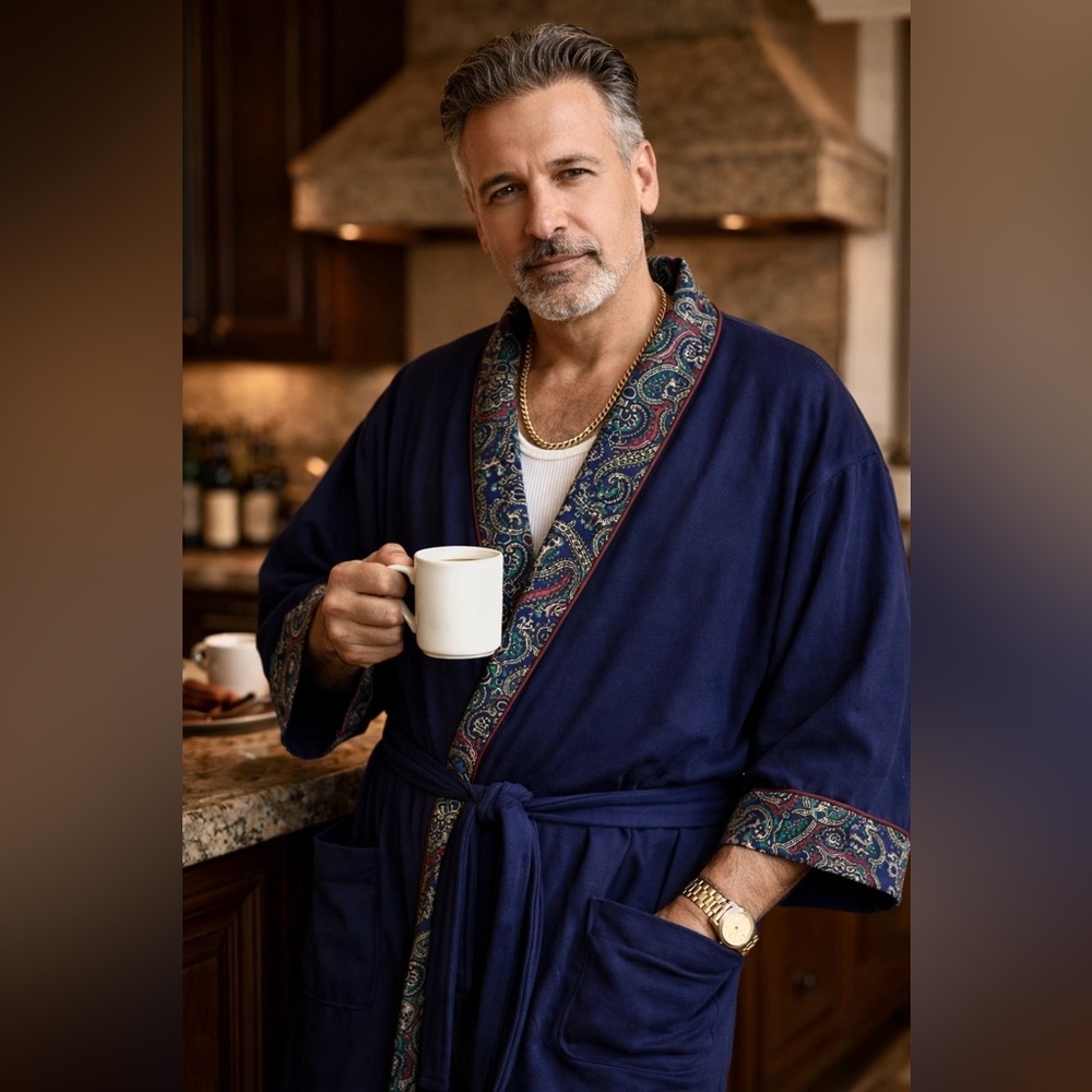 Vtg Mens Robe Fleece XL 48-52 Paisley Trim Belted Loungewear Dadcore Mob Boss